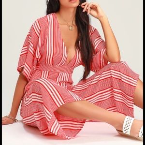 Lulus V-Neck Wide Leg Red/White Striped Jumpsuit